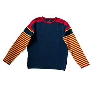 Vintage Demetre Pure Virgin Wool Ski Sweater Men's XL Navy Red Yellow Stripe
